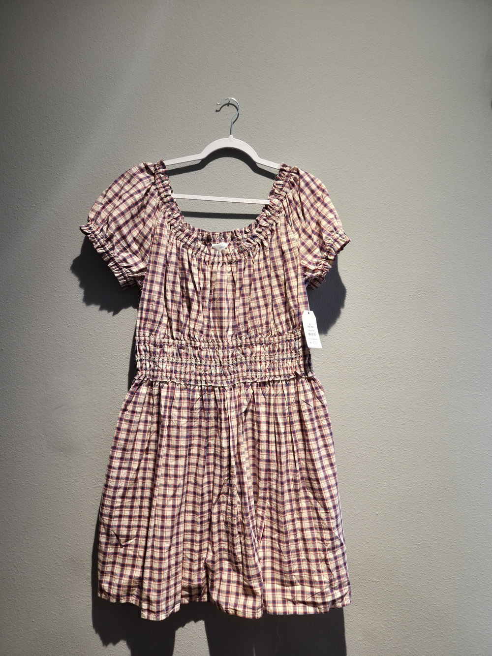 Time and Tru Pink and Cream Plaid Smocked Midi Dress